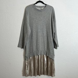 Zara gray sweatshirt dress with gold pleated detail skirt. EUC Women’s Large